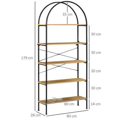 5-tier Storage Shelf Bookcase high rounded arch industrial-style - 80 x 28 x 179 cm natural black