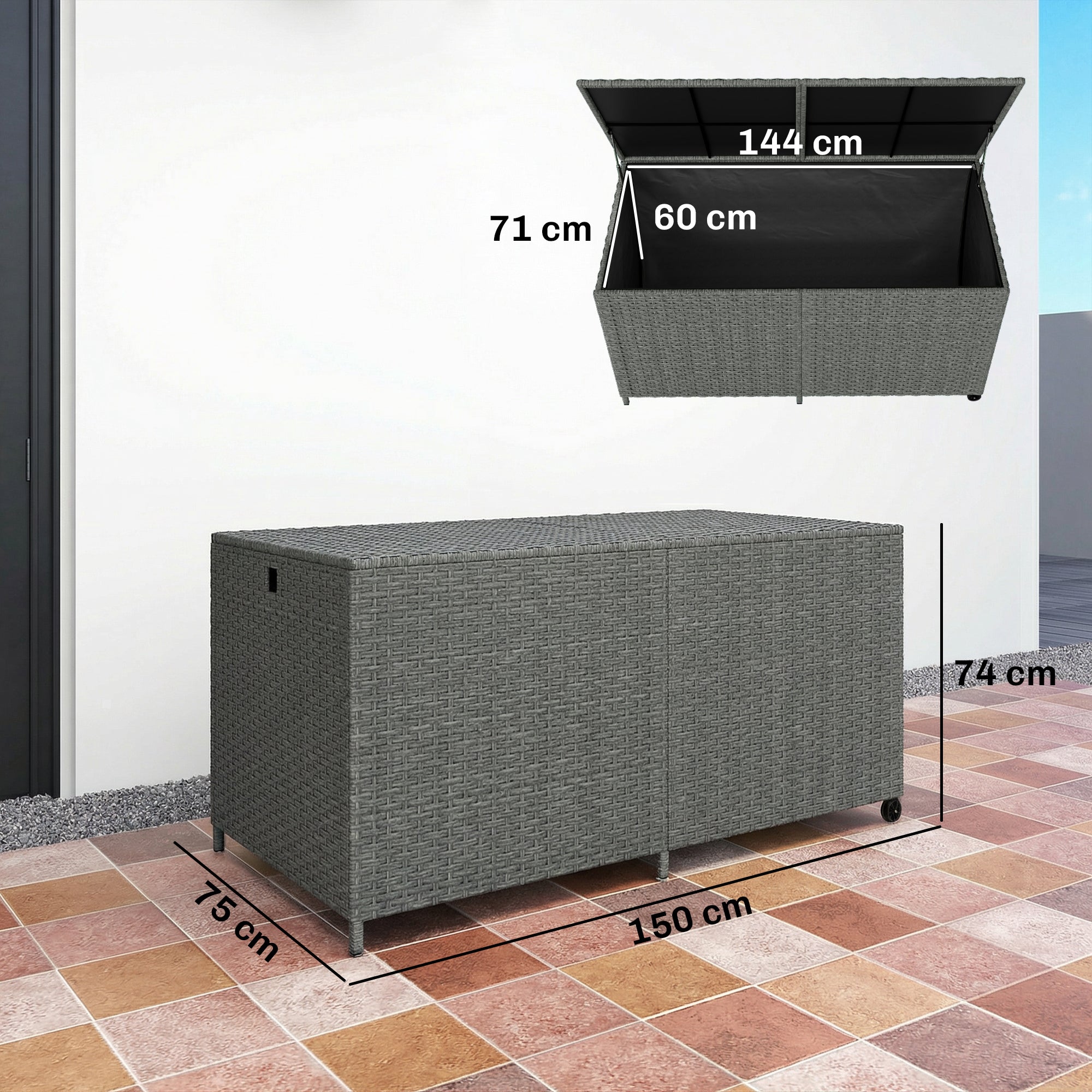 650L Weatherproof Rattan Cushion Box with Lid, Wheels & Storage – UV-Resistant Garden Chest for Patio, Terrace, Balcony | 59 x 29.5 x 29.1 in (150 x 75 x 74 cm) – Dark Gray