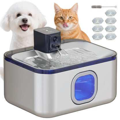 Stainless Steel Cordless Cat Fountain 5L Cat Water Dispenser Automatic Water Fountain for Multiple Pets with LED Light Super Silent Pump Motion Sensor and 3-Stage Filter