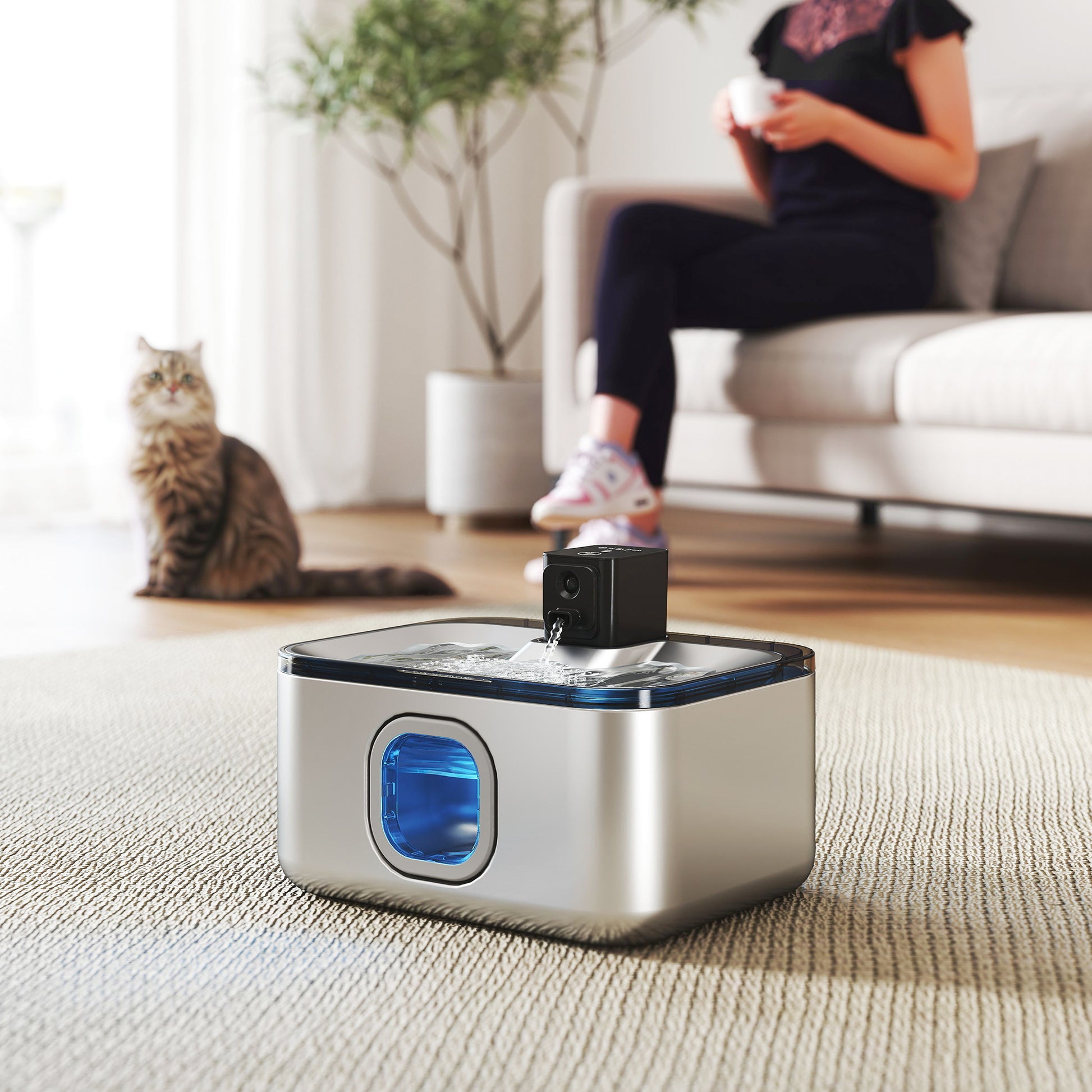 Stainless Steel Cordless Cat Fountain 5L Cat Water Dispenser Automatic Water Fountain for Multiple Pets with LED Light Super Silent Pump Motion Sensor and 3-Stage Filter