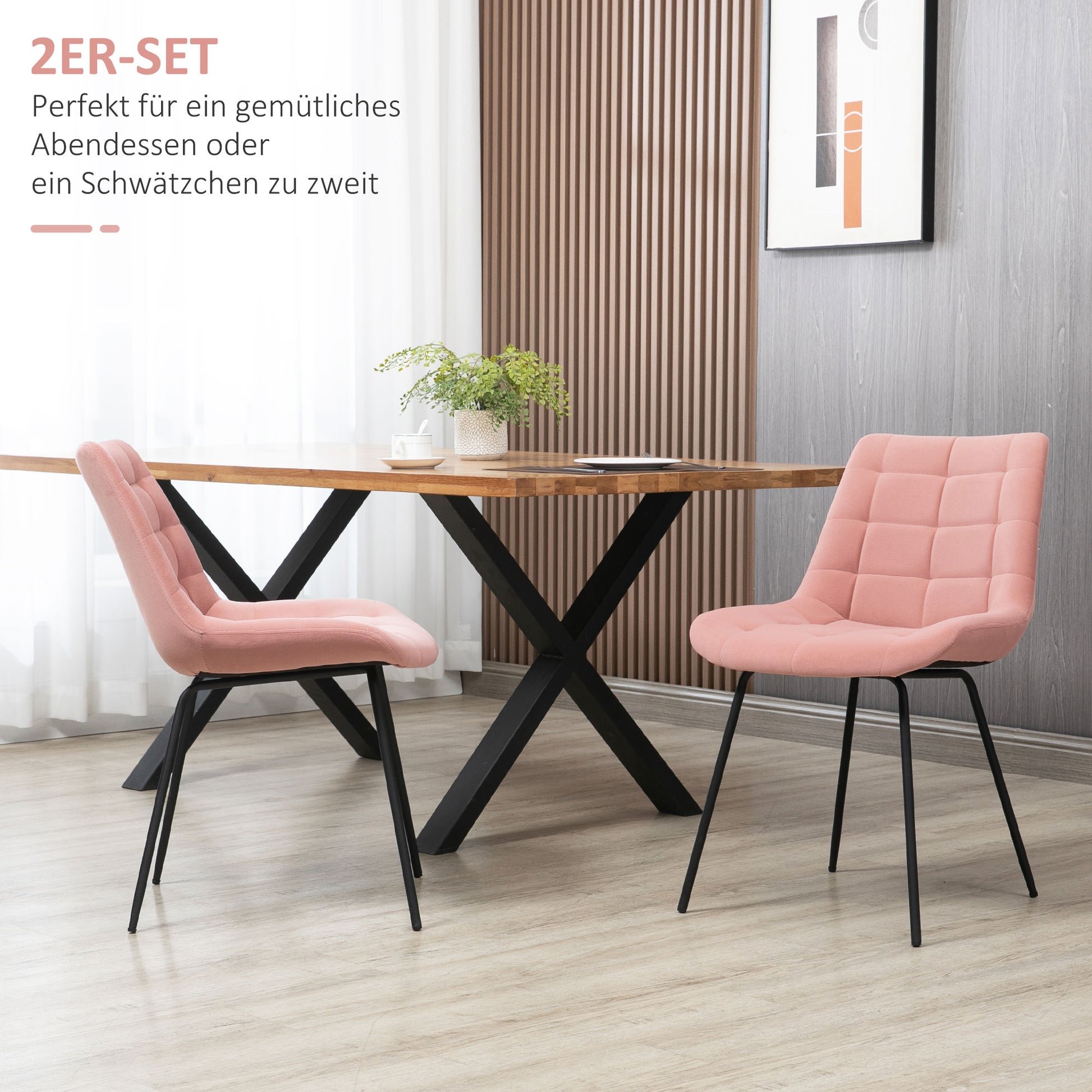 Set of 2 Dining Chairs Kitchen Chairs Upholstered Chairs with Backrest, Velvet Seat Cover, for Living Room, in Retro Design, Steel Legs, Pink 50 x 61 x 79 cm