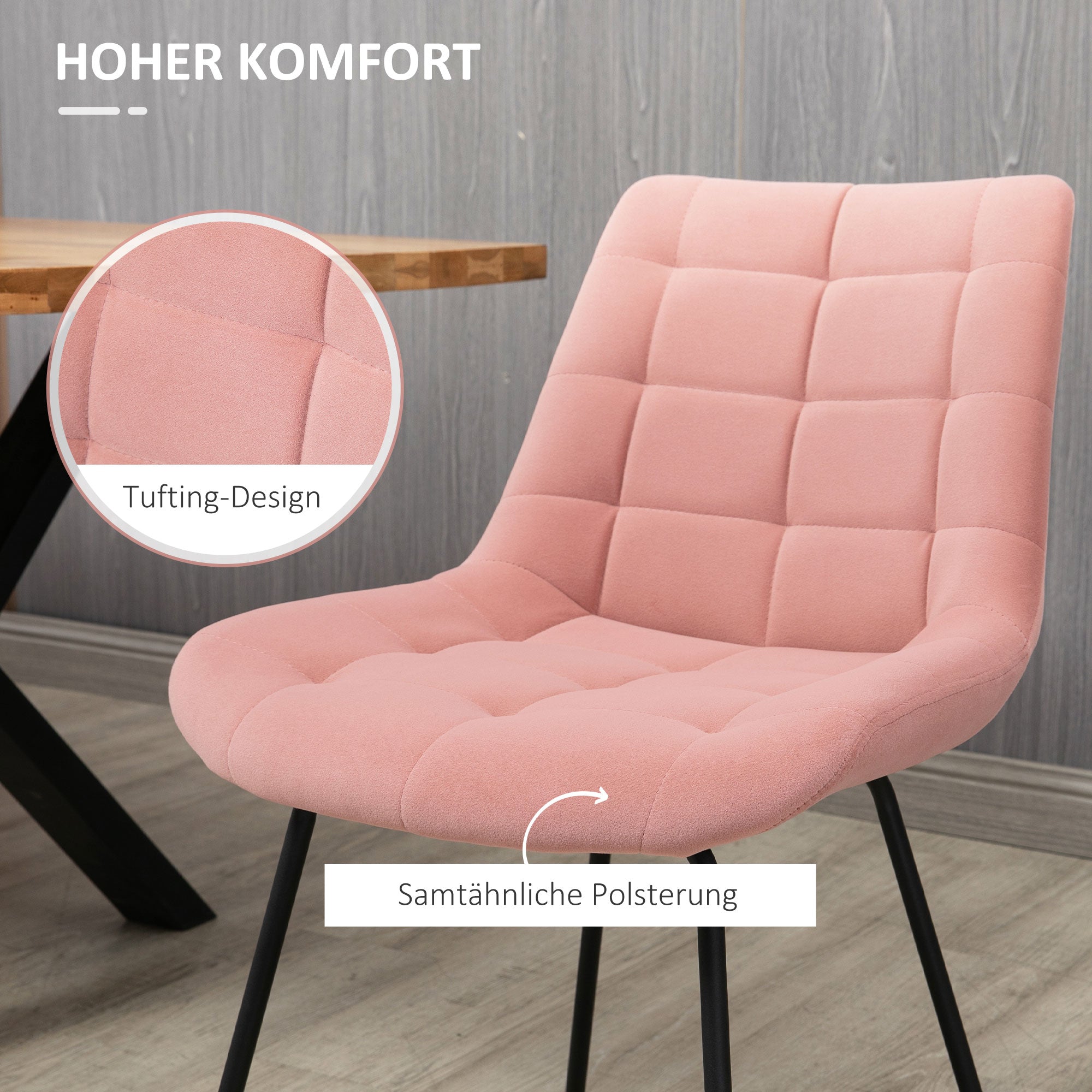 Set of 2 Dining Chairs Kitchen Chairs Upholstered Chairs with Backrest, Velvet Seat Cover, for Living Room, in Retro Design, Steel Legs, Pink 50 x 61 x 79 cm