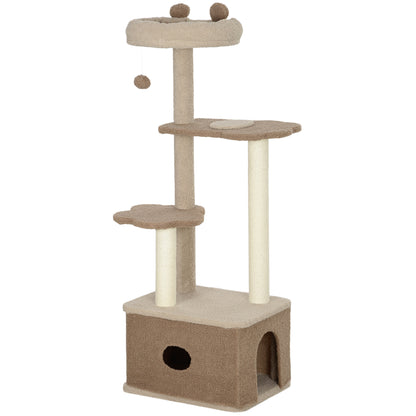 Cat Scratching Tree Height 133 cm Cat Tree Tower with Nest Platforms Hanging Ball and Jute Post Brown