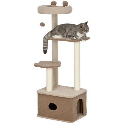 Cat Scratching Tree Height 133 cm Cat Tree Tower with Nest Platforms Hanging Ball and Jute Post Brown