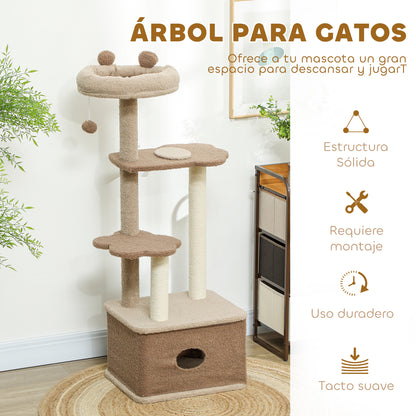 Cat Scratching Tree Height 133 cm Cat Tree Tower with Nest Platforms Hanging Ball and Jute Post Brown