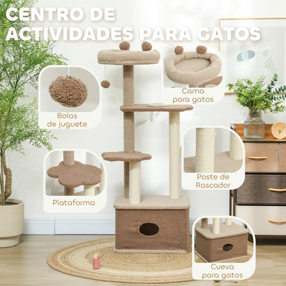 Cat Scratching Tree Height 133 cm Cat Tree Tower with Nest Platforms Hanging Ball and Jute Post Brown