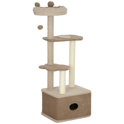 Cat Scratching Tree Height 133 cm Cat Tree Tower with Nest Platforms Hanging Ball and Jute Post Brown