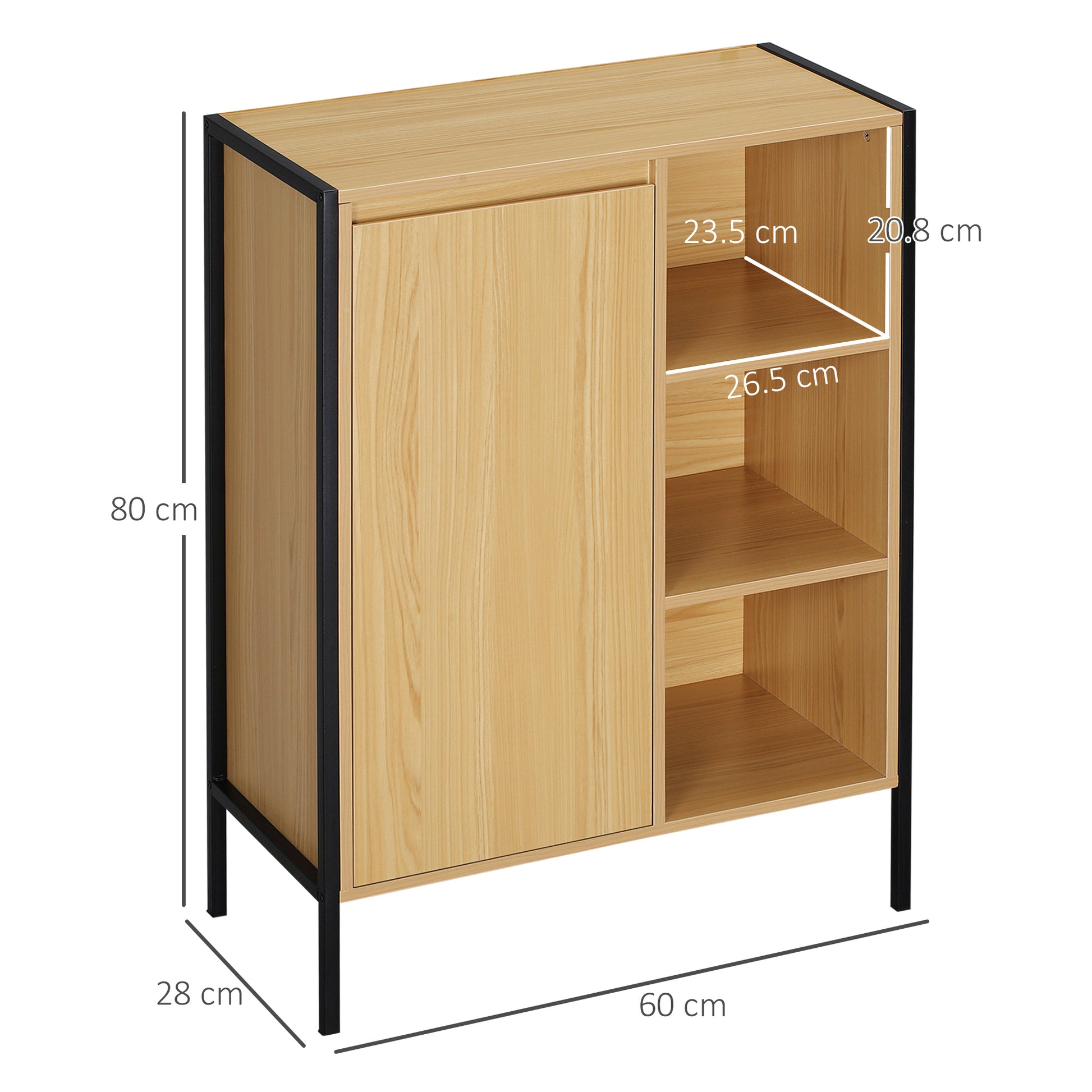 Freestanding Bathroom Cabinet with 3 Shelves and 1 Closed Cupboard - Black Steel Base - 60 x 28 x 80 cm