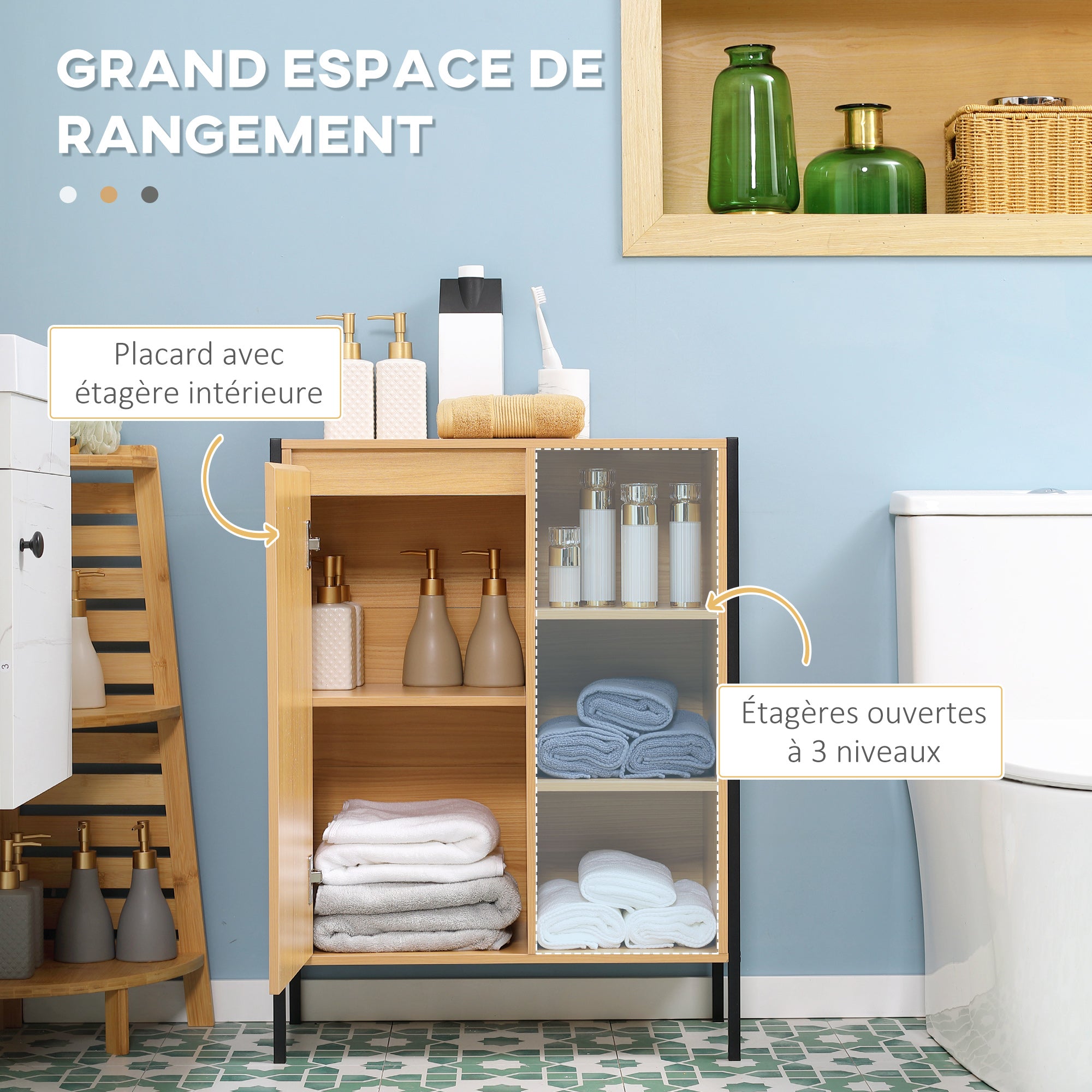Freestanding Bathroom Cabinet with 3 Shelves and 1 Closed Cupboard - Black Steel Base - 60 x 28 x 80 cm