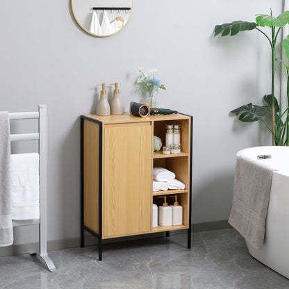 Freestanding Bathroom Cabinet with 3 Shelves and 1 Closed Cupboard - Black Steel Base - 60 x 28 x 80 cm