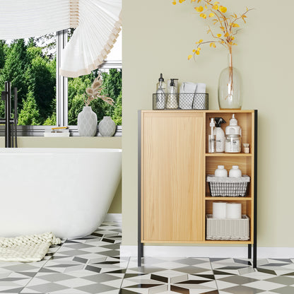 Freestanding Bathroom Cabinet with 3 Shelves and 1 Closed Cupboard - Black Steel Base - 60 x 28 x 80 cm