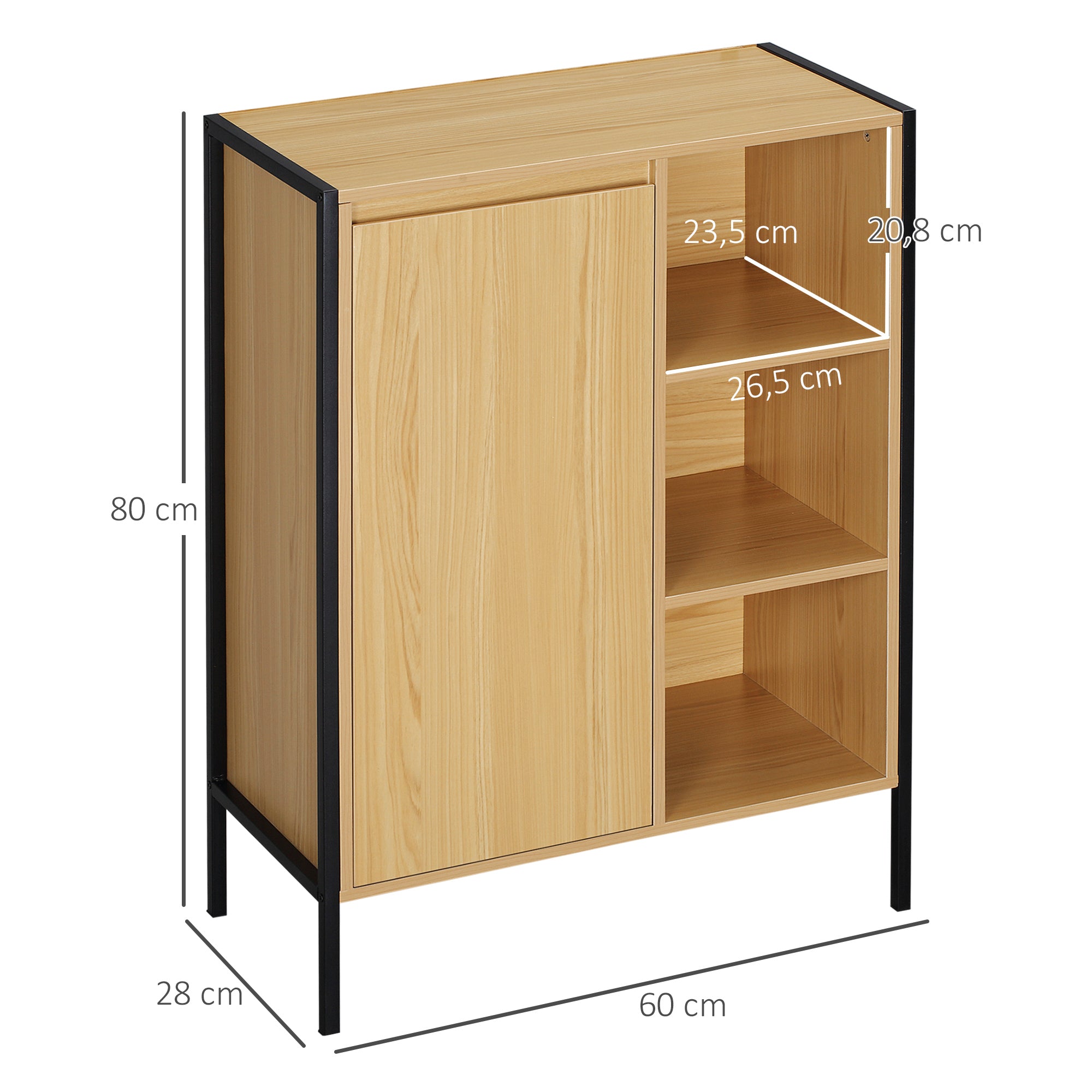 Freestanding Bathroom Cabinet with 3 Shelves and 1 Closed Cupboard - Black Steel Base - 60 x 28 x 80 cm