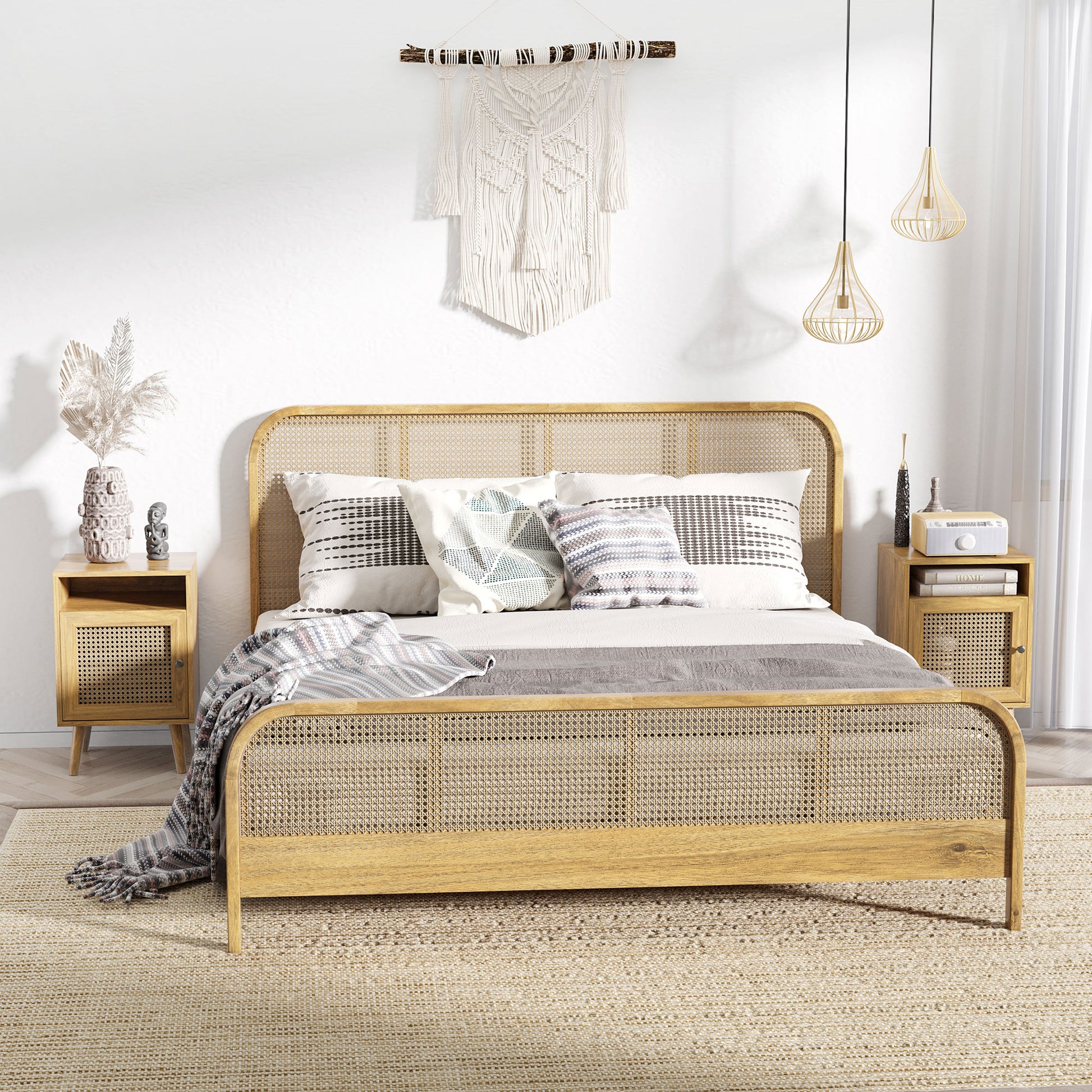 Set of 2 Bedside Tables with Rattan Door Nightstands with Open Shelf Side Tables for Bedroom Living Room 39x35x60 cm Natural
