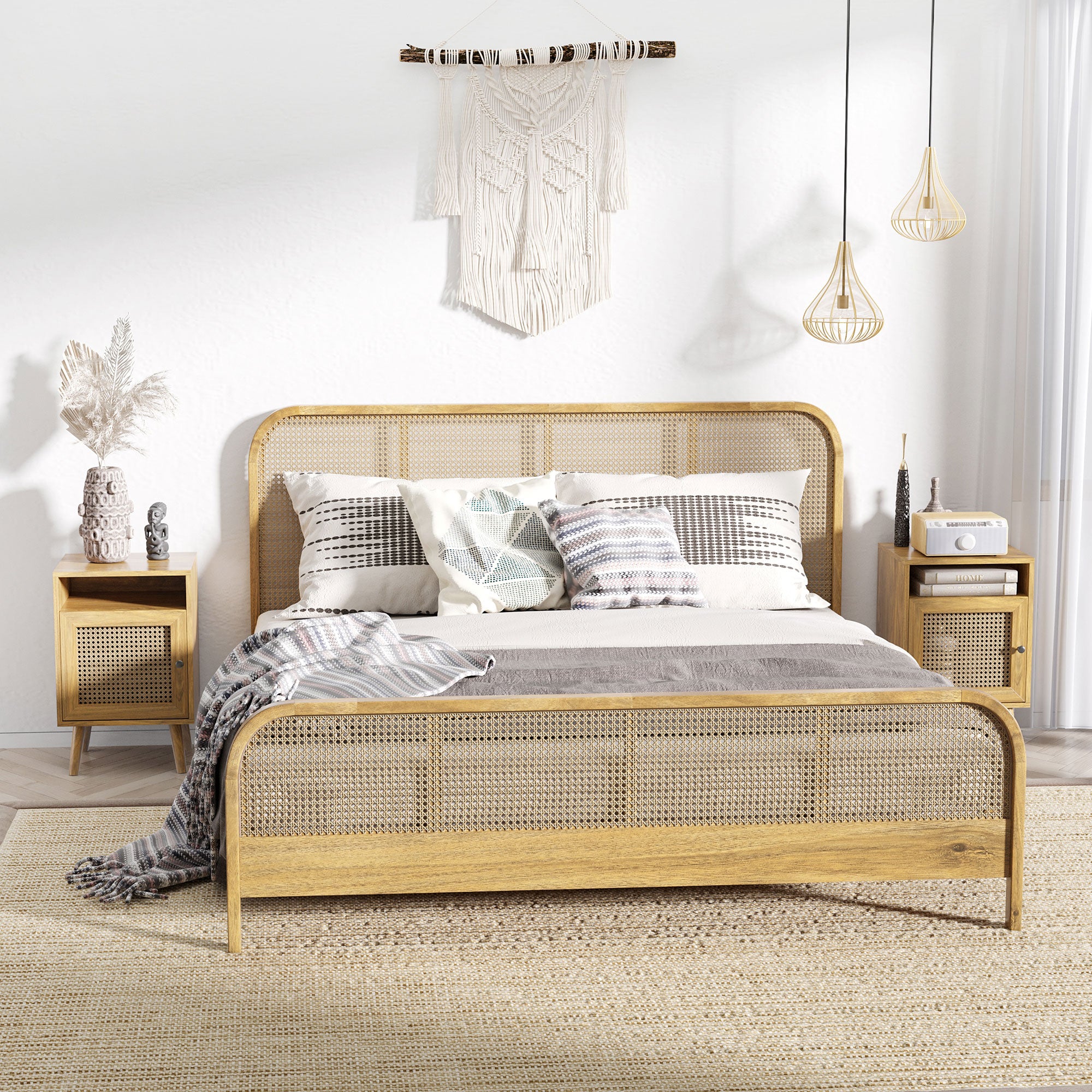 Set of 2 Bedside Tables with Rattan Door Nightstands with Open Shelf Side Tables for Bedroom Living Room 39x35x60 cm Natural