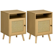 Set of 2 Bedside Tables with Rattan Door Nightstands with Open Shelf Side Tables for Bedroom Living Room 39x35x60 cm Natural