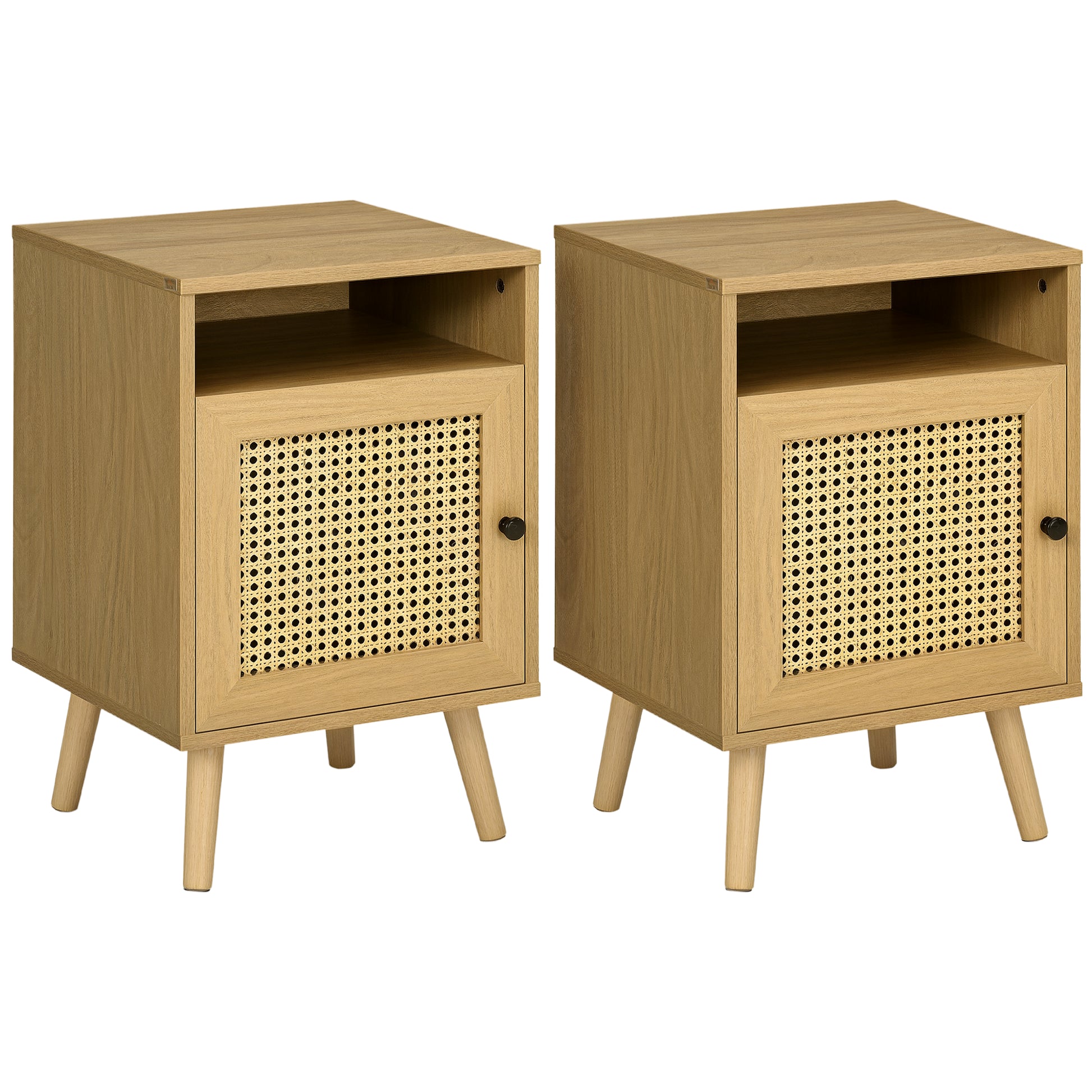 Set of 2 Bedside Tables with Rattan Door Nightstands with Open Shelf Side Tables for Bedroom Living Room 39x35x60 cm Natural