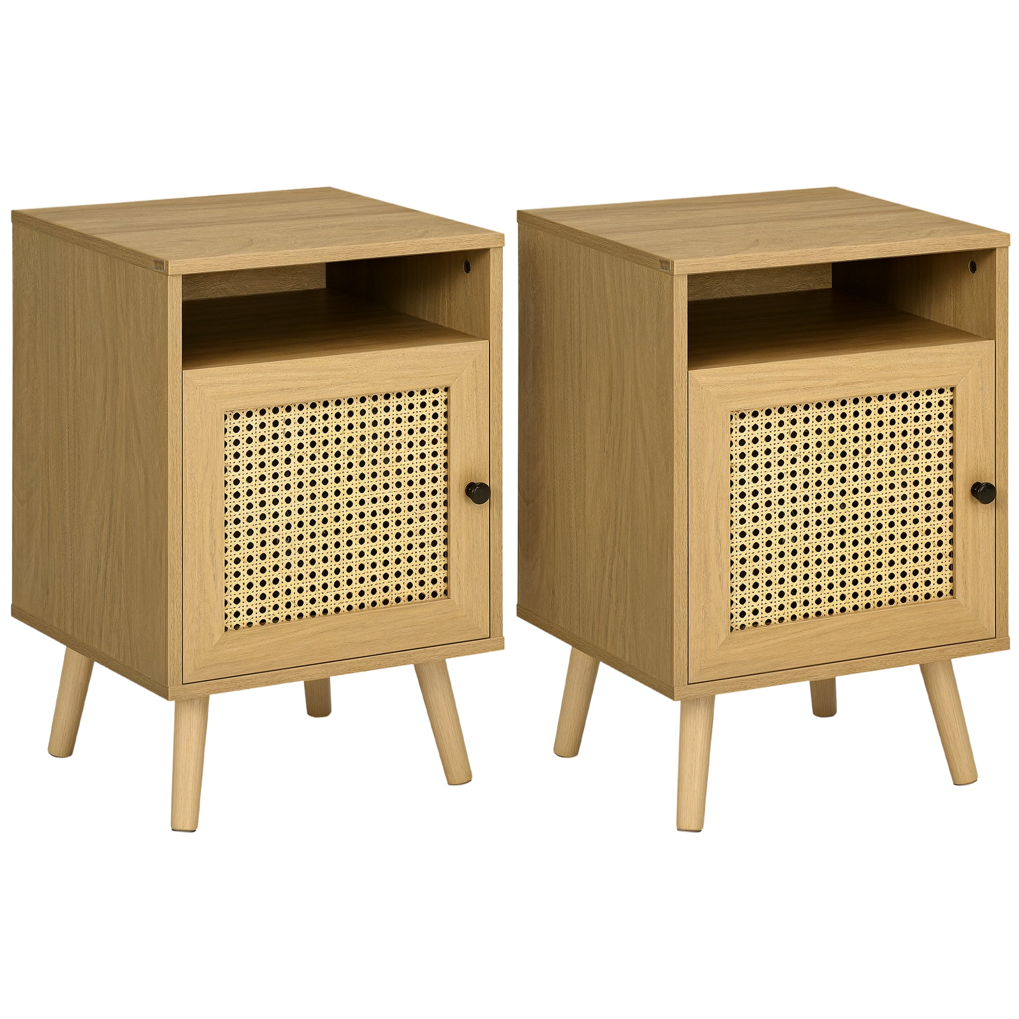 Set of 2 Bedside Tables with Rattan Door Nightstands with Open Shelf Side Tables for Bedroom Living Room 39x35x60 cm Natural