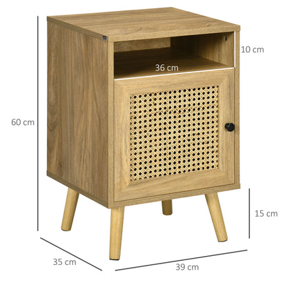 Set of 2 Bedside Tables with Rattan Door Nightstands with Open Shelf Side Tables for Bedroom Living Room 39x35x60 cm Natural