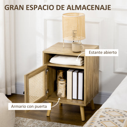 Set of 2 Bedside Tables with Rattan Door Nightstands with Open Shelf Side Tables for Bedroom Living Room 39x35x60 cm Natural