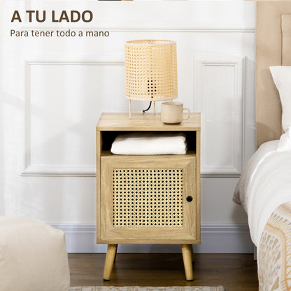 Set of 2 Bedside Tables with Rattan Door Nightstands with Open Shelf Side Tables for Bedroom Living Room 39x35x60 cm Natural
