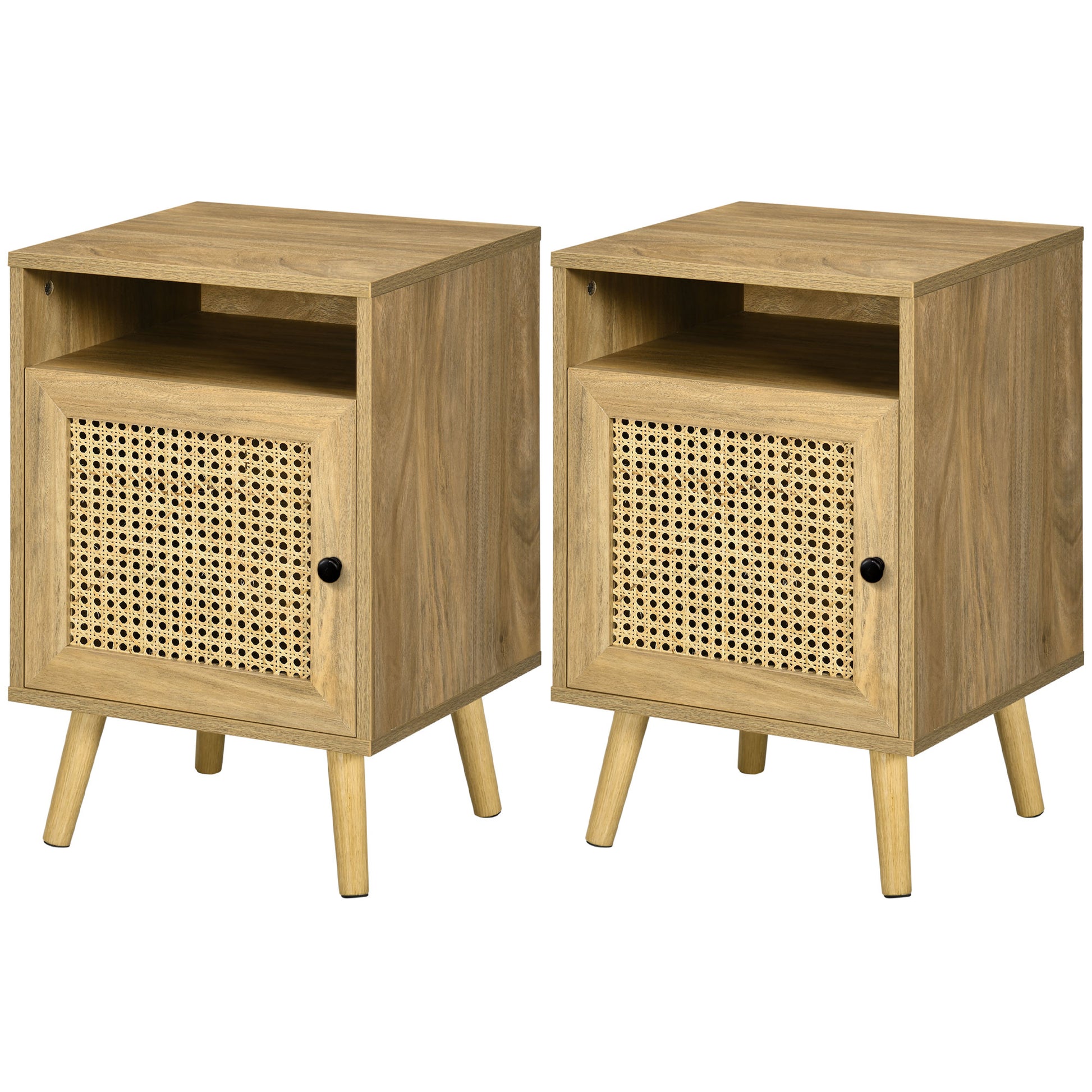 Set of 2 Bedside Tables with Rattan Door Nightstands with Open Shelf Side Tables for Bedroom Living Room 39x35x60 cm Natural