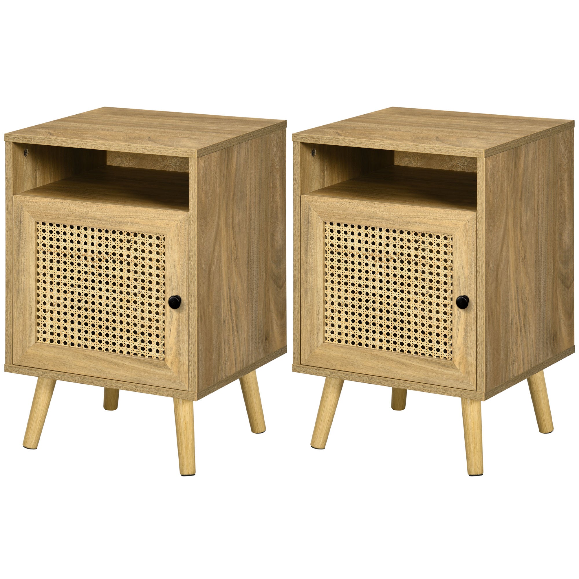 Set of 2 Bedside Tables with Rattan Door Nightstands with Open Shelf Side Tables for Bedroom Living Room 39x35x60 cm Natural