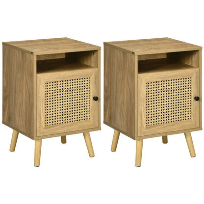 Set of 2 Bedside Tables with Rattan Door Nightstands with Open Shelf Side Tables for Bedroom Living Room 39x35x60 cm Natural
