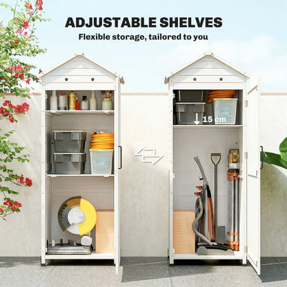 Tall Pine Garden Storage Cabinet with Adjustable Shelves, Magnetic Door & Galvanized Roof, 85 x 58 x 213 cm (33.5 x 22.8 x 84 in) — White