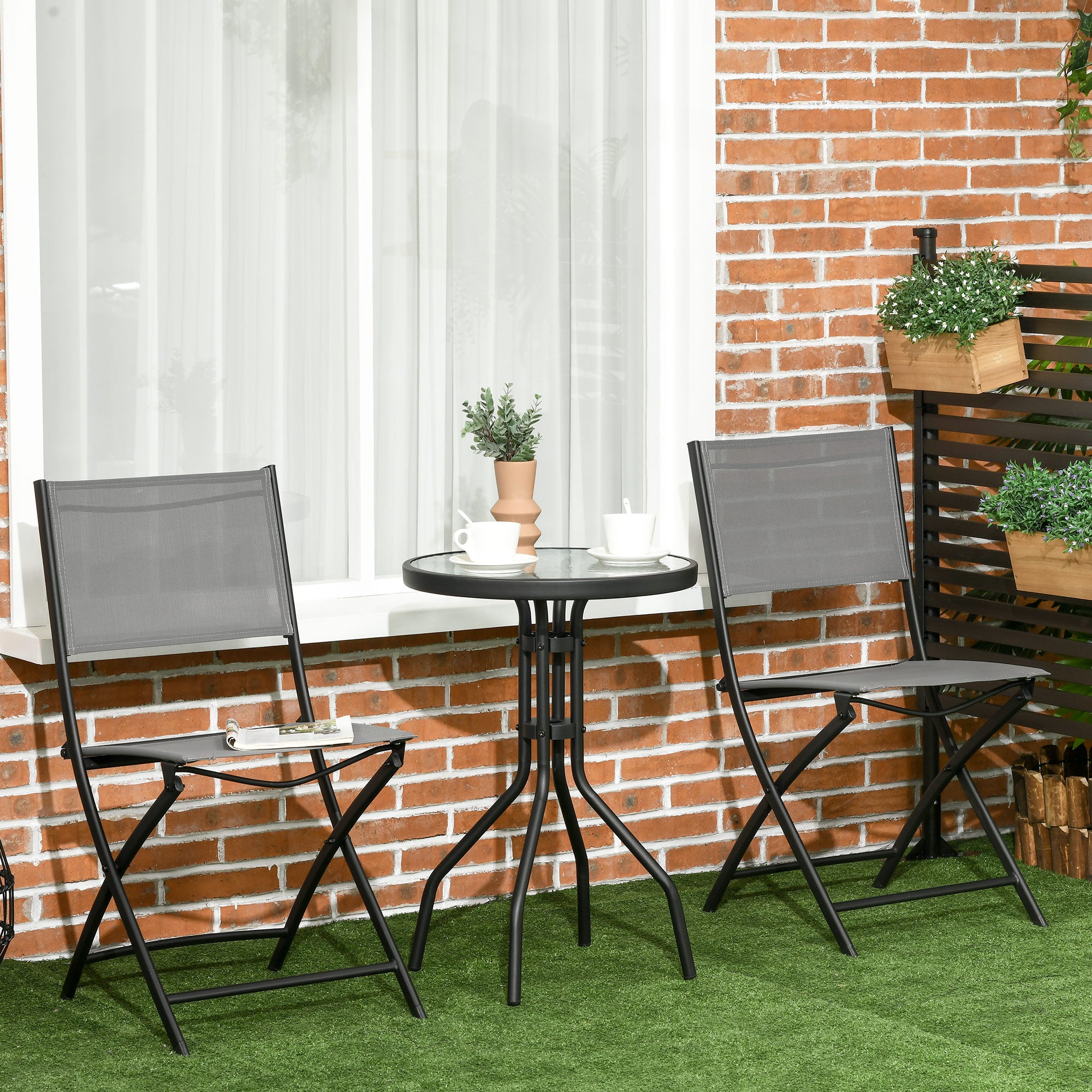 3 Piece Garden Bistro Set, Outdoor Furniture Set, including 1 Table, 2 Folding Chairs, Patio Set for Terrace, Garden, Steel, Gray