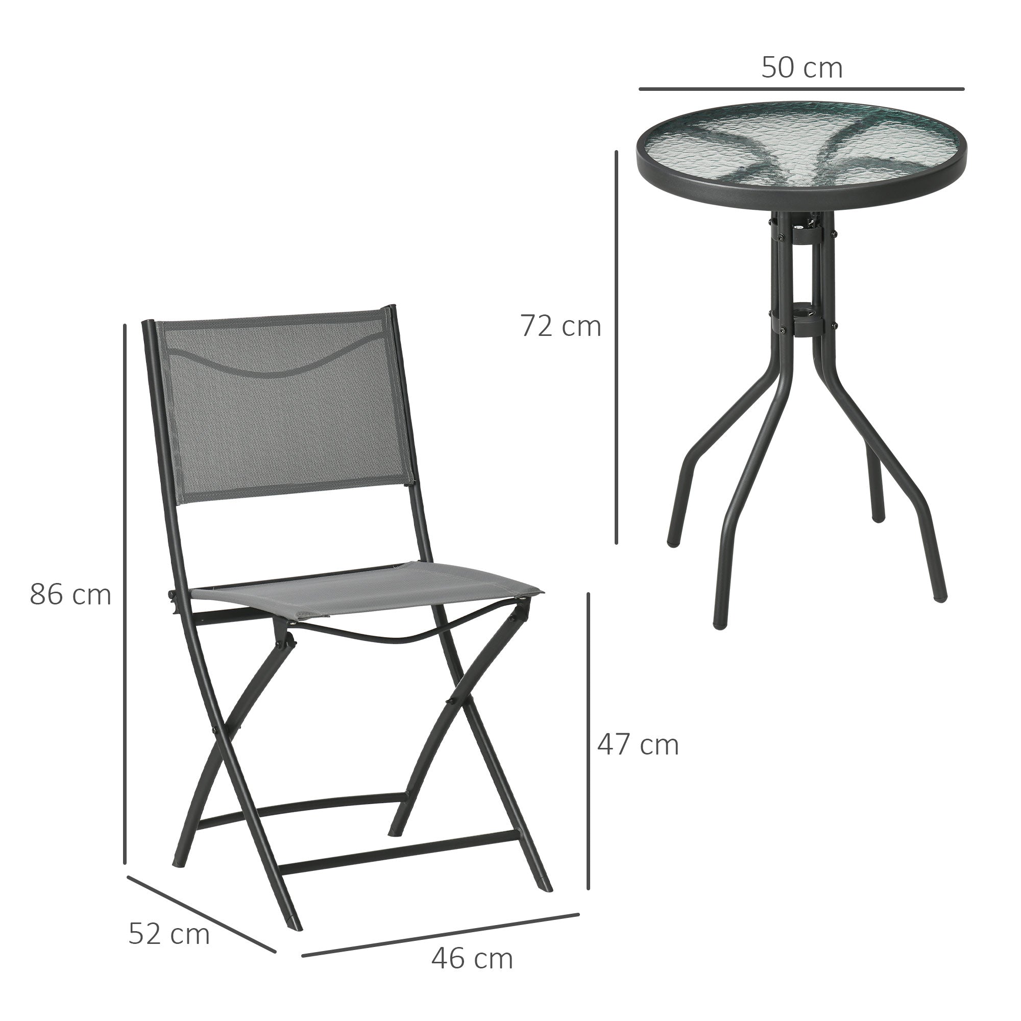 3 Piece Garden Bistro Set, Outdoor Furniture Set, including 1 Table, 2 Folding Chairs, Patio Set for Terrace, Garden, Steel, Gray
