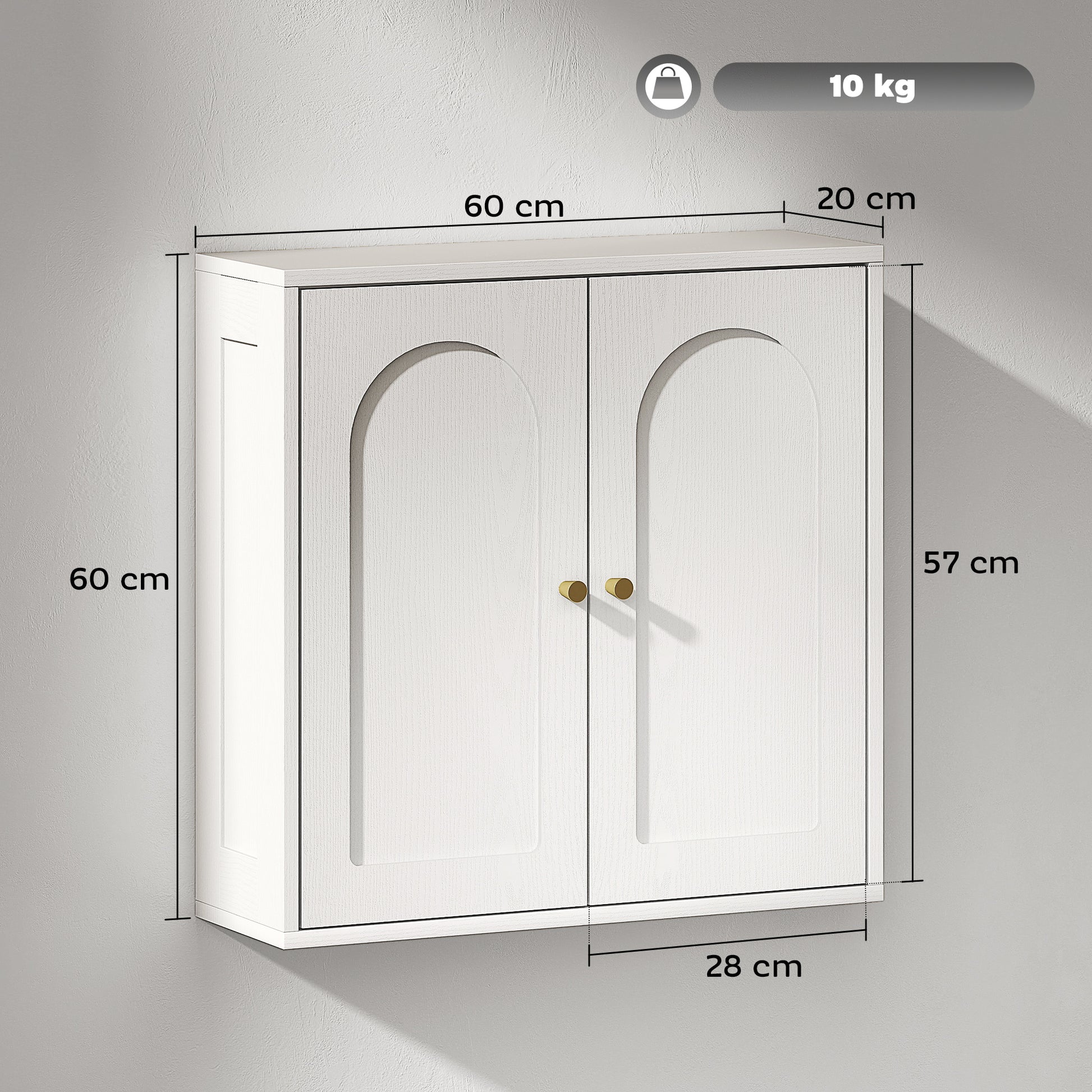 Bathroom Wall Cabinet Hanging Bathroom Cabinet with Shelves 2 Doors with Arched Design Golden Handles 60x20x60 cm White
