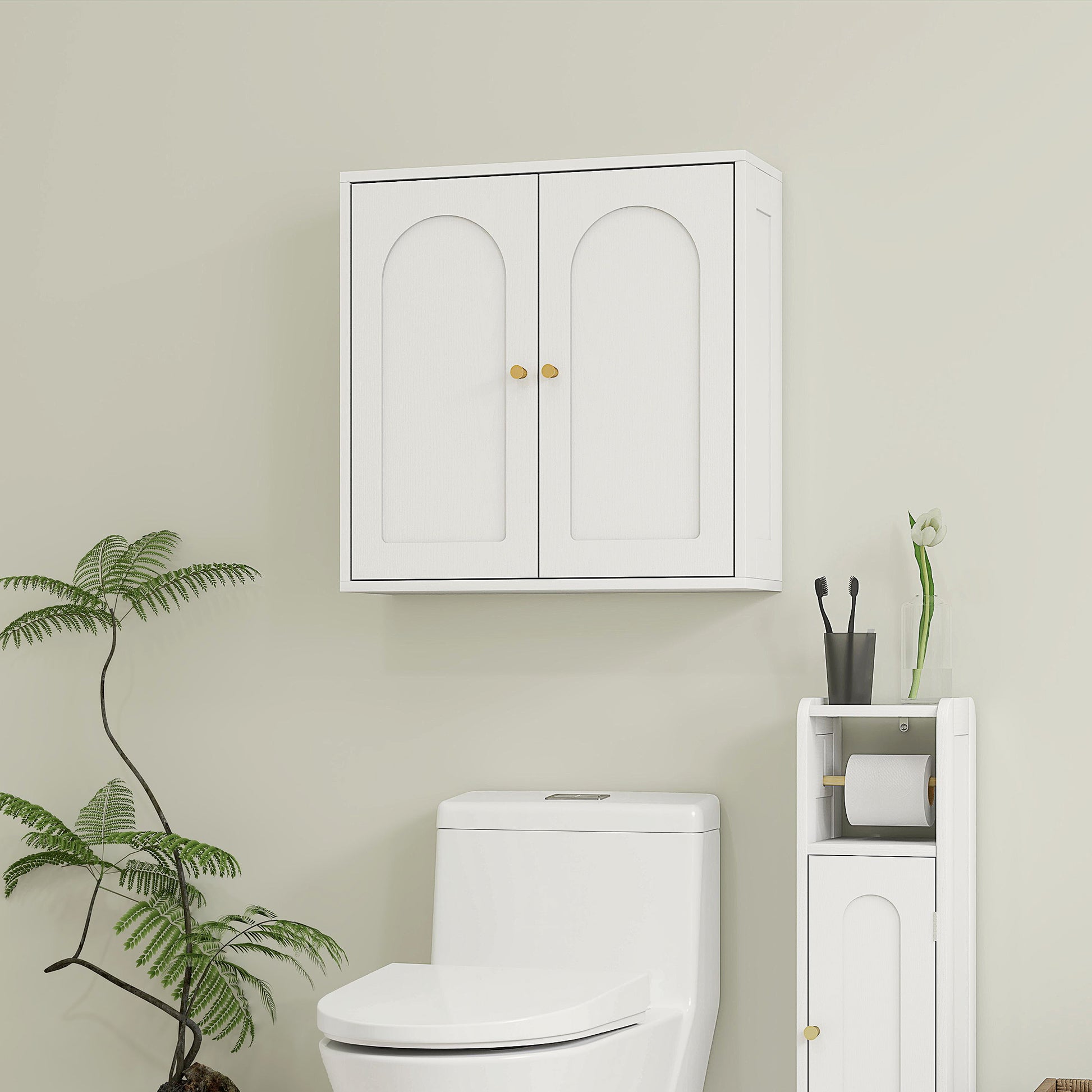 Bathroom Wall Cabinet Hanging Bathroom Cabinet with Shelves 2 Doors with Arched Design Golden Handles 60x20x60 cm White