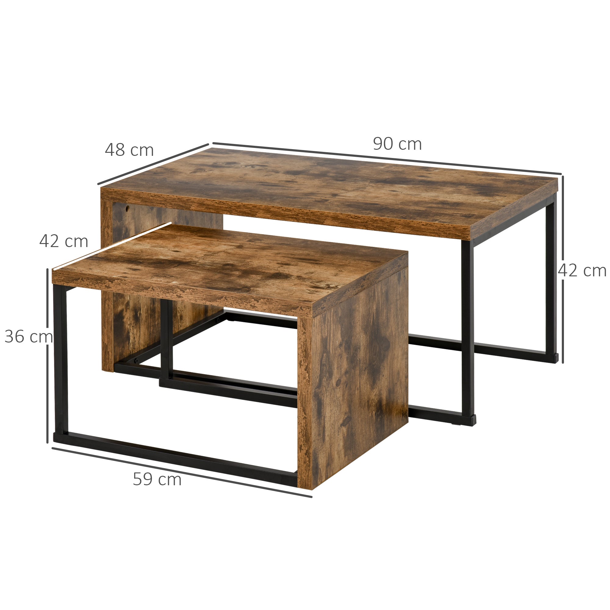 Set of 2 Coffee Tables with Metal Legs Industrial Style for Living Room Dining Room 90x48x42 cm and 59x42x36 cm Rustic Brown