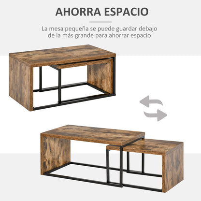 Set of 2 Coffee Tables with Metal Legs Industrial Style for Living Room Dining Room 90x48x42 cm and 59x42x36 cm Rustic Brown