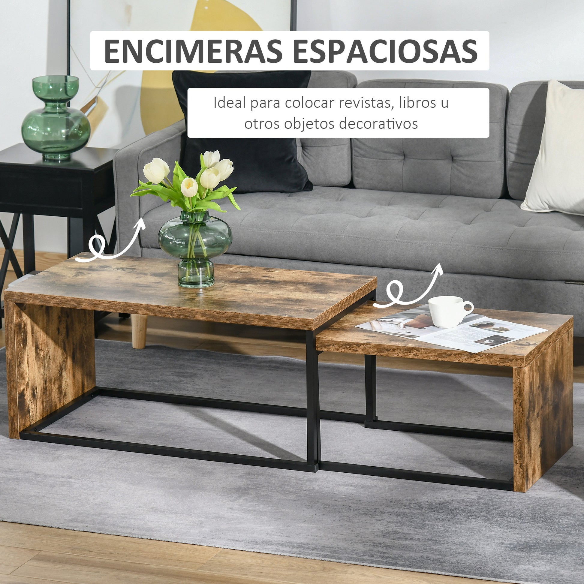 Set of 2 Coffee Tables with Metal Legs Industrial Style for Living Room Dining Room 90x48x42 cm and 59x42x36 cm Rustic Brown