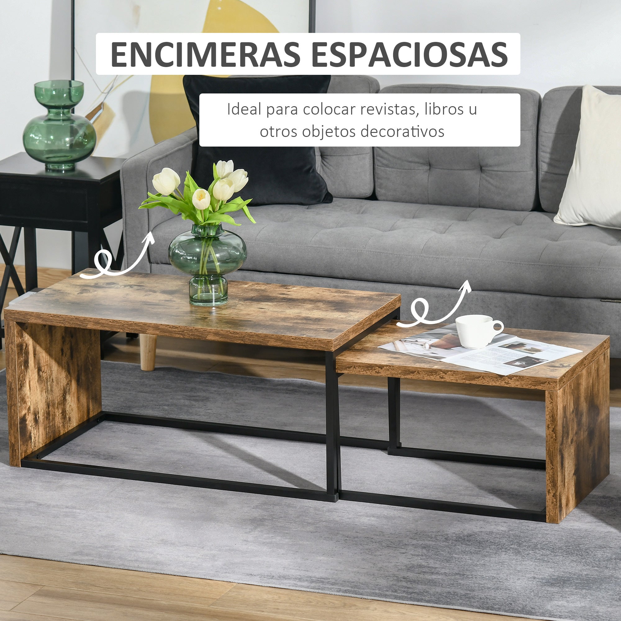 Set of 2 Coffee Tables with Metal Legs Industrial Style for Living Room Dining Room 90x48x42 cm and 59x42x36 cm Rustic Brown