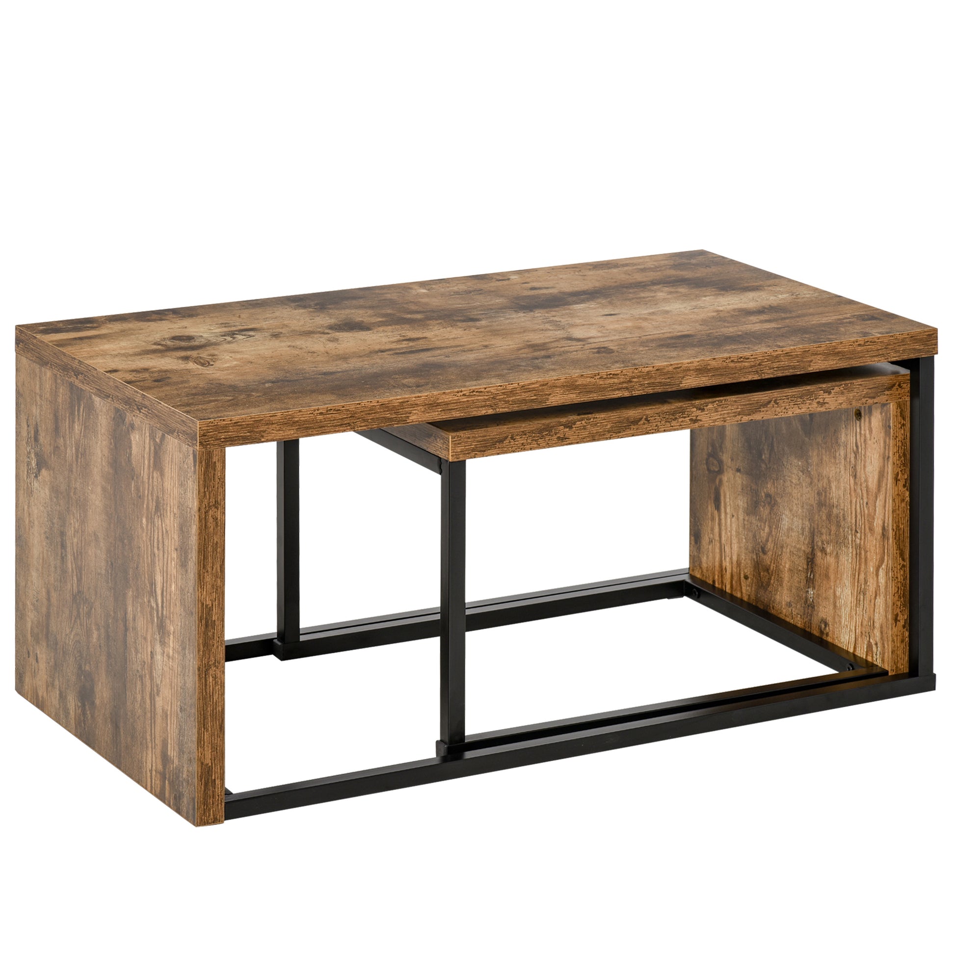 Set of 2 Coffee Tables with Metal Legs Industrial Style for Living Room Dining Room 90x48x42 cm and 59x42x36 cm Rustic Brown