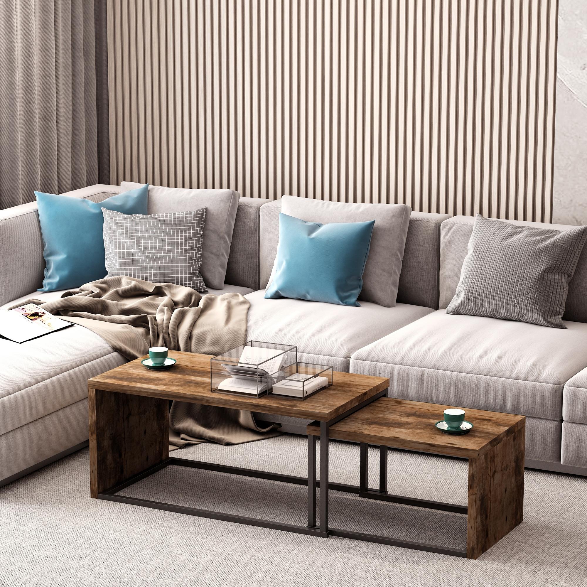 Set of 2 Coffee Tables with Metal Legs Industrial Style for Living Room Dining Room 90x48x42 cm and 59x42x36 cm Rustic Brown