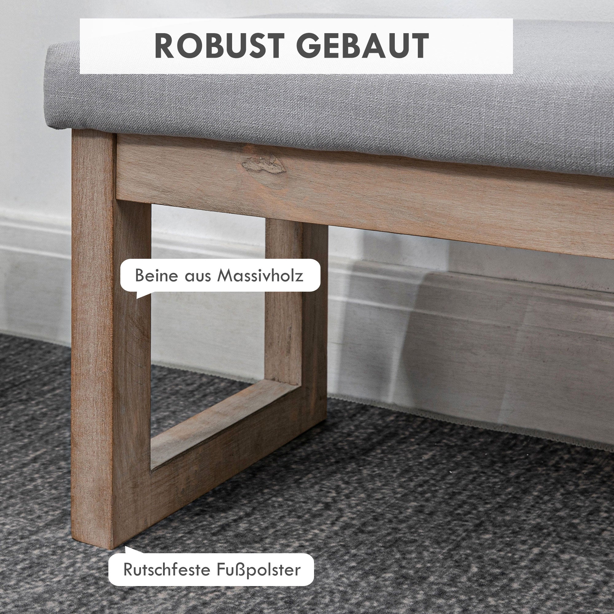 Footstool Ottoman with Linen Look, Upholstered Footrest with Wooden Legs, Entryway Bench for Living Room, Bedroom, Gray, 68 x 38 x 42 cm