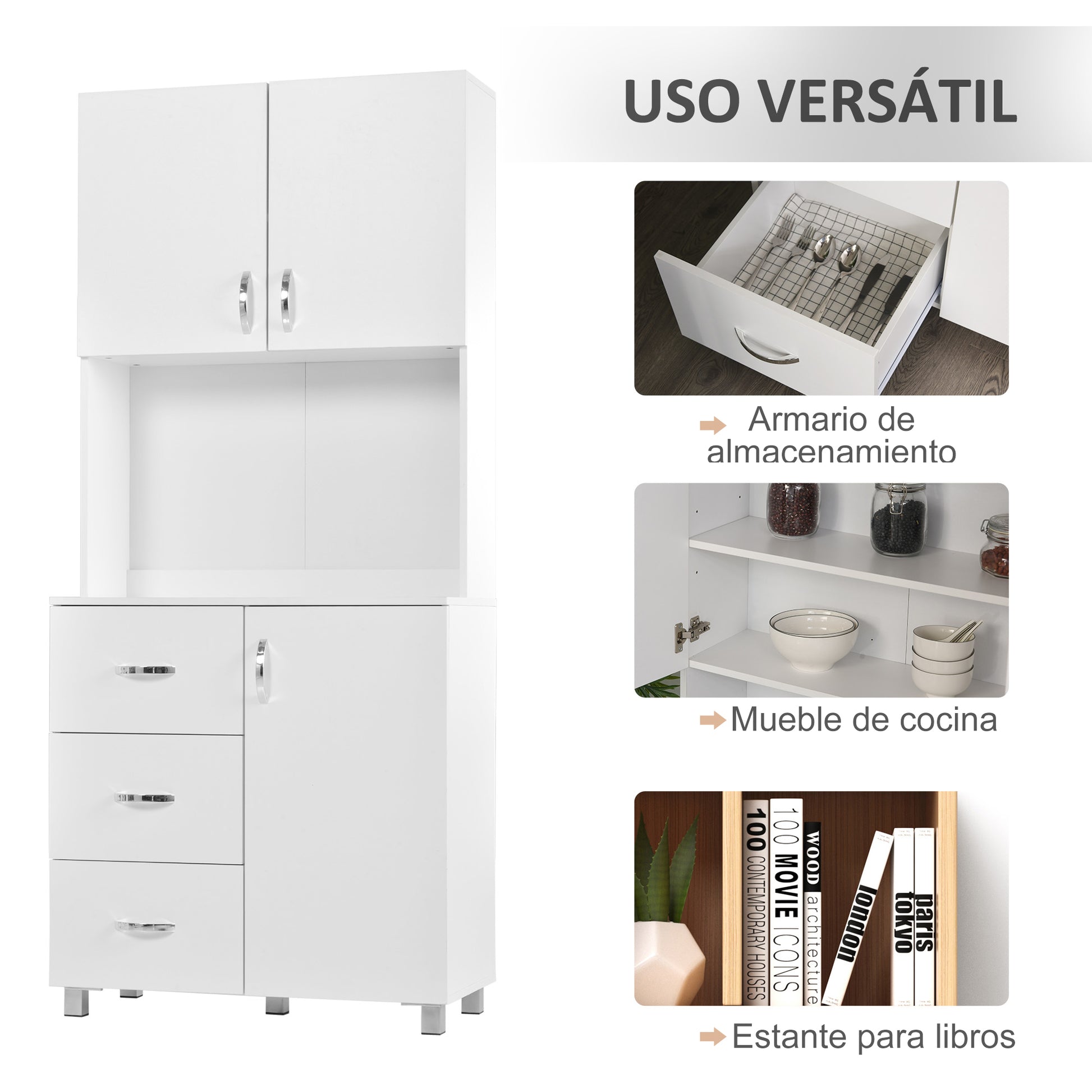 Kitchen Pantry Modern Kitchen Cabinet with 3 Drawers, 3 Doors, and Adjustable Shelves Auxiliary Furniture for Dining Room Living Room 31.5x15.5x72.2 inches White