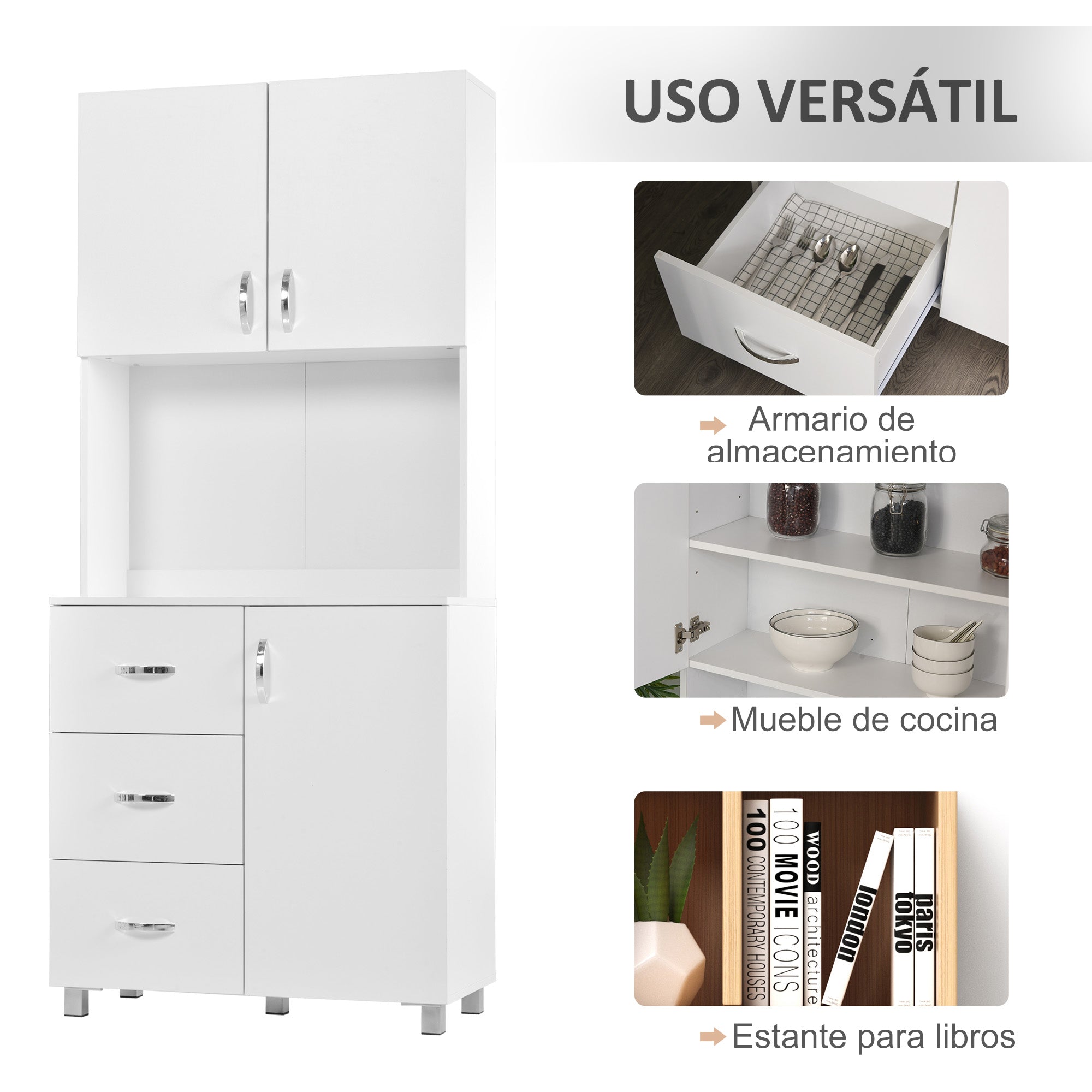 Kitchen Pantry Modern Kitchen Cabinet with 3 Drawers, 3 Doors, and Adjustable Shelves Auxiliary Furniture for Dining Room Living Room 31.5x15.5x72.2 inches White