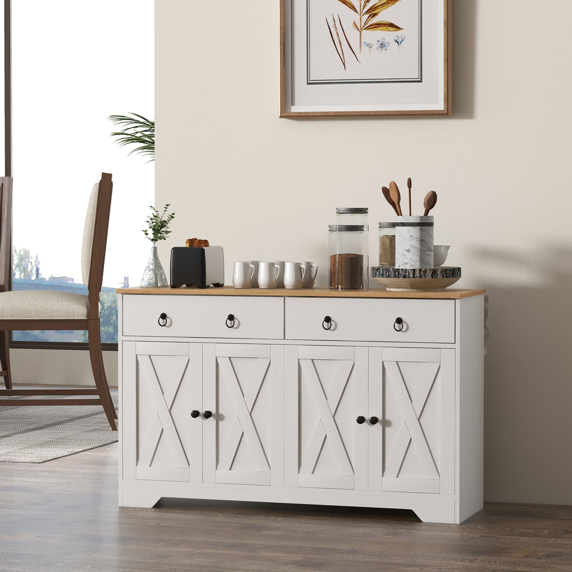 Buffet storage cabinet kitchen cupboard rural style 2 drawers and 2 cupboards with adjustable height shelves - dim. 121L x 37W x 75H cm white