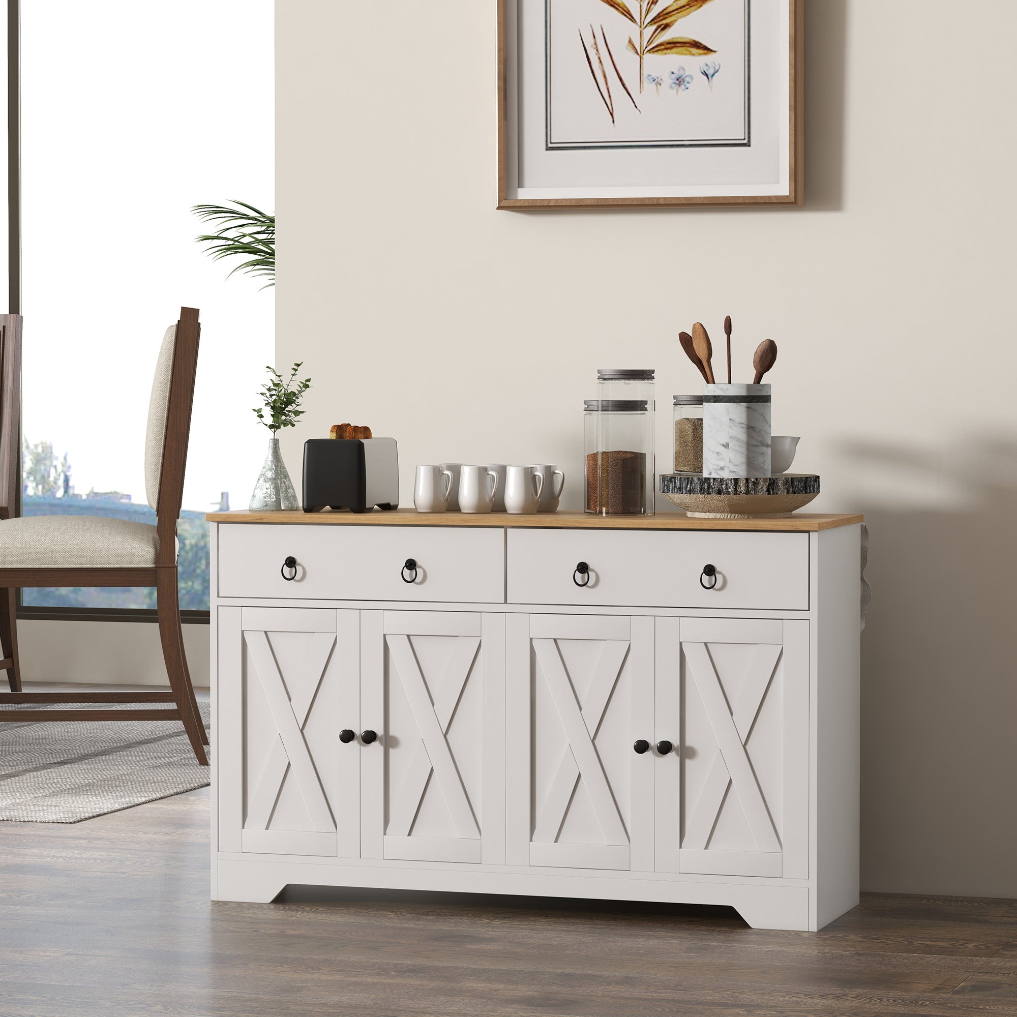 Buffet storage cabinet kitchen cupboard rural style 2 drawers and 2 cupboards with adjustable height shelves - dim. 121L x 37W x 75H cm white