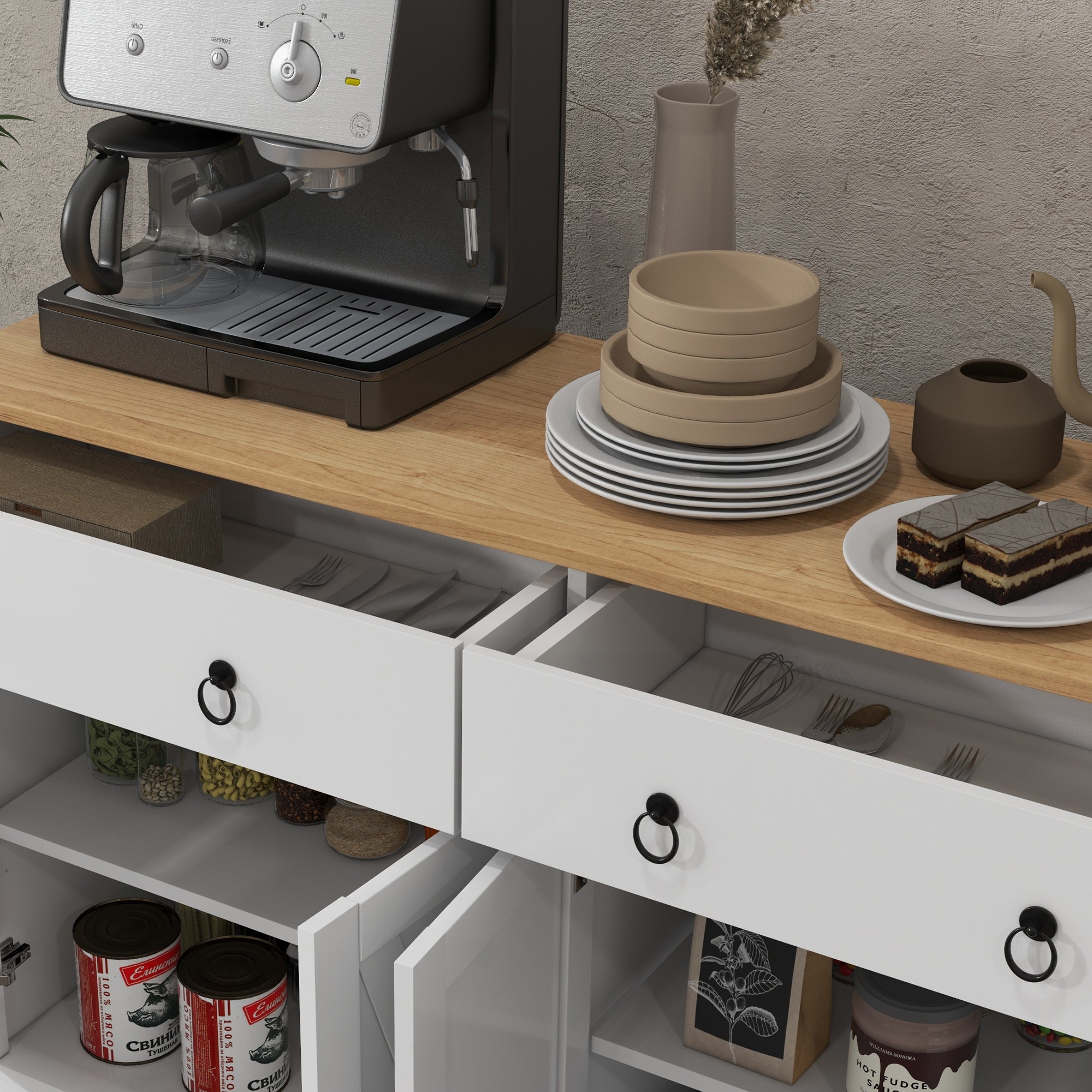 Buffet storage cabinet kitchen cupboard rural style 2 drawers and 2 cupboards with adjustable height shelves - dim. 121L x 37W x 75H cm white