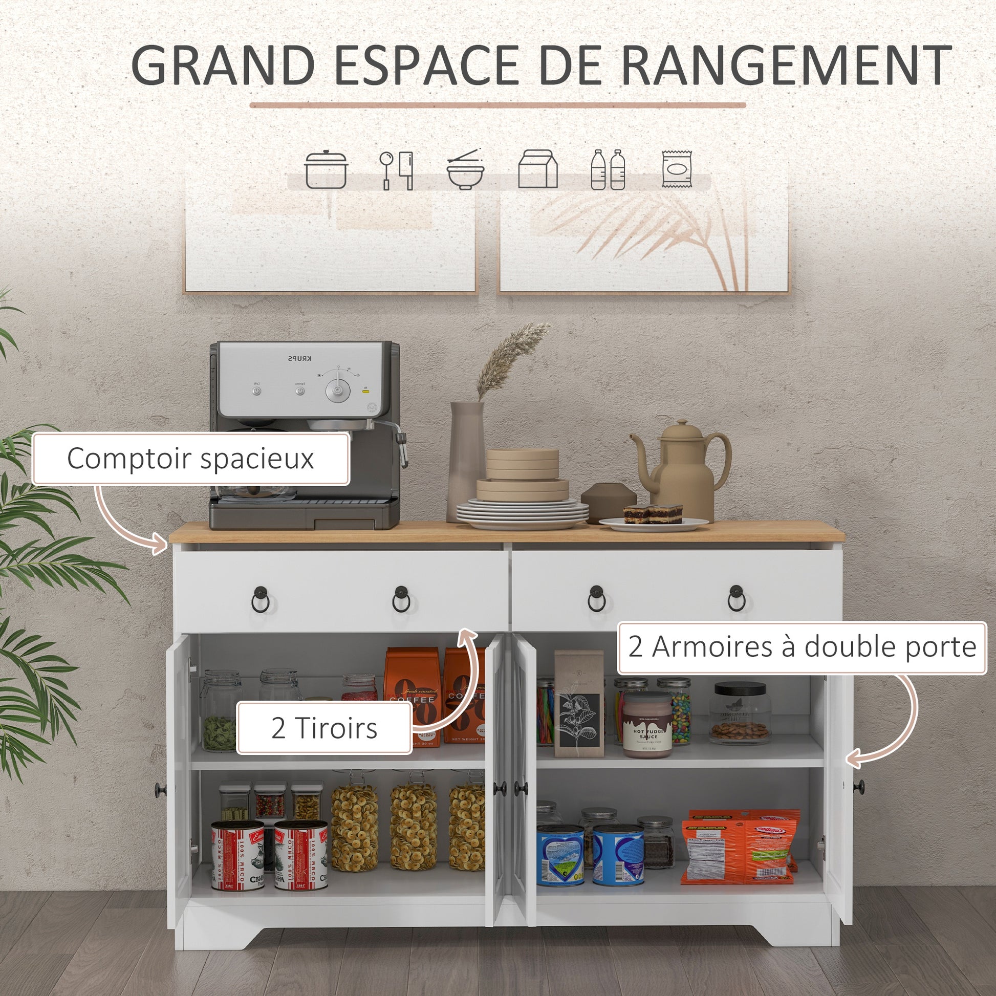 Buffet storage cabinet kitchen cupboard rural style 2 drawers and 2 cupboards with adjustable height shelves - dim. 121L x 37W x 75H cm white