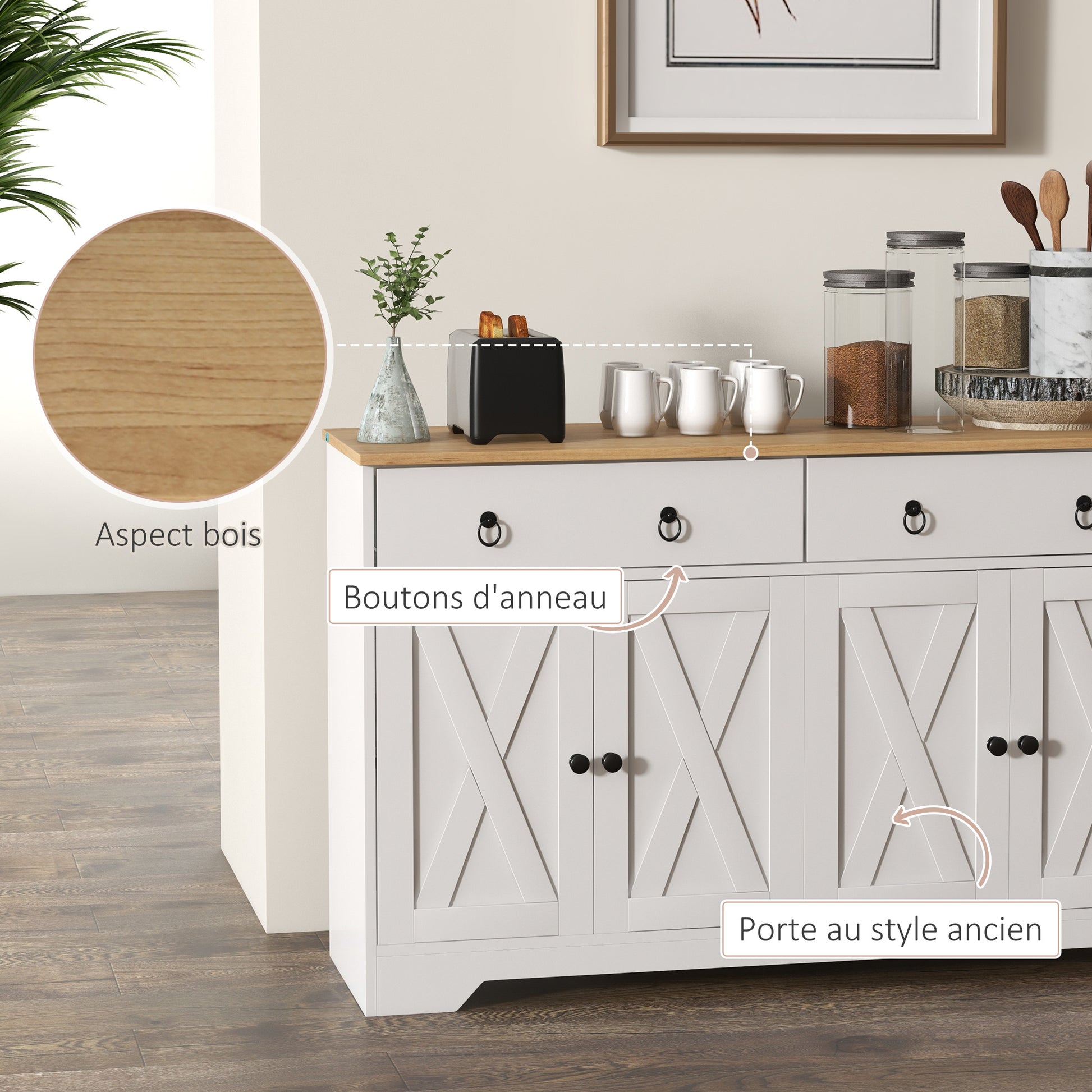 Buffet storage cabinet kitchen cupboard rural style 2 drawers and 2 cupboards with adjustable height shelves - dim. 121L x 37W x 75H cm white