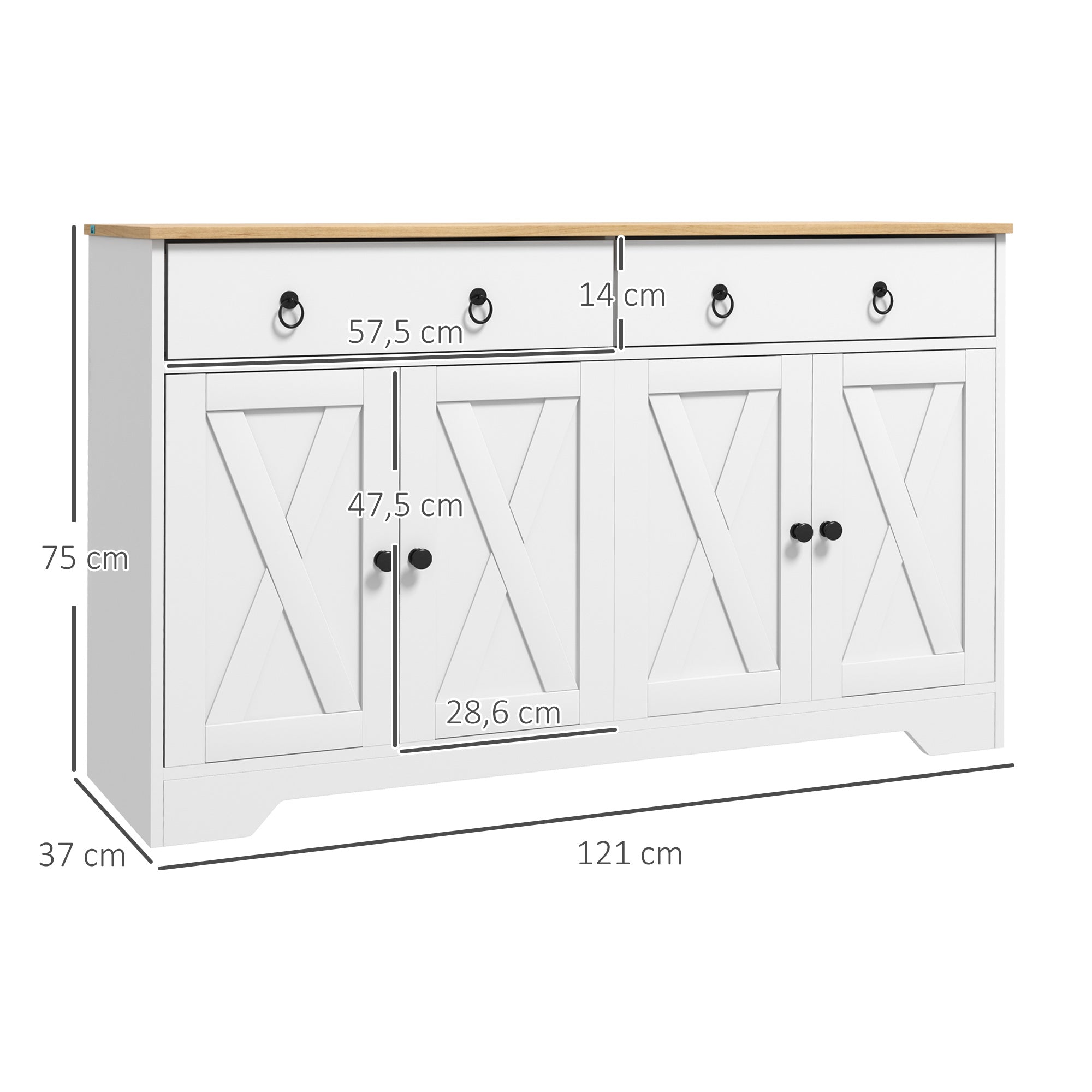 Buffet storage cabinet kitchen cupboard rural style 2 drawers and 2 cupboards with adjustable height shelves - dim. 121L x 37W x 75H cm white