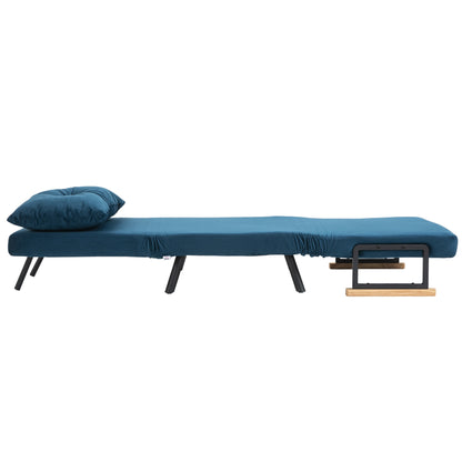 Sleeper Chair 3-in-1 Convertible Chair Bed, Blue Folding Sofa Bed with 5-Position Adjustable Backrest, Velvet-Look Recliner Chair with Pillow and Rubberwood Armrests for Living Room