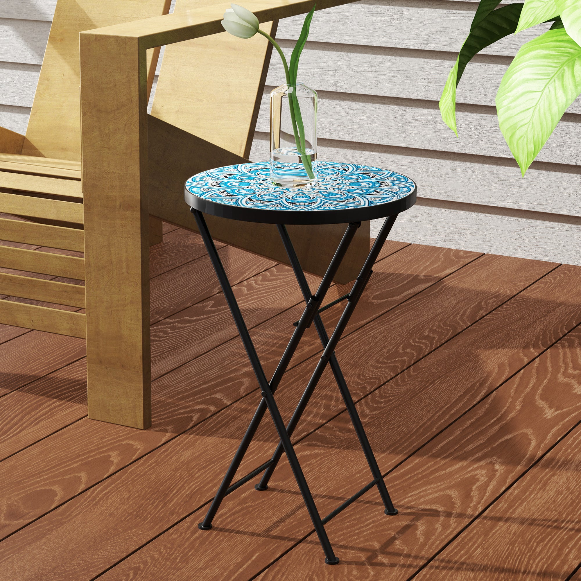 Folding Side Table Garden Table with Mosaic Design, Ø35.5 x 55 cm Round Weatherproof Metal Balcony Table, Camping Table Folding Table Coffee Table for Living Room Office Outdoor Indoor, Blue