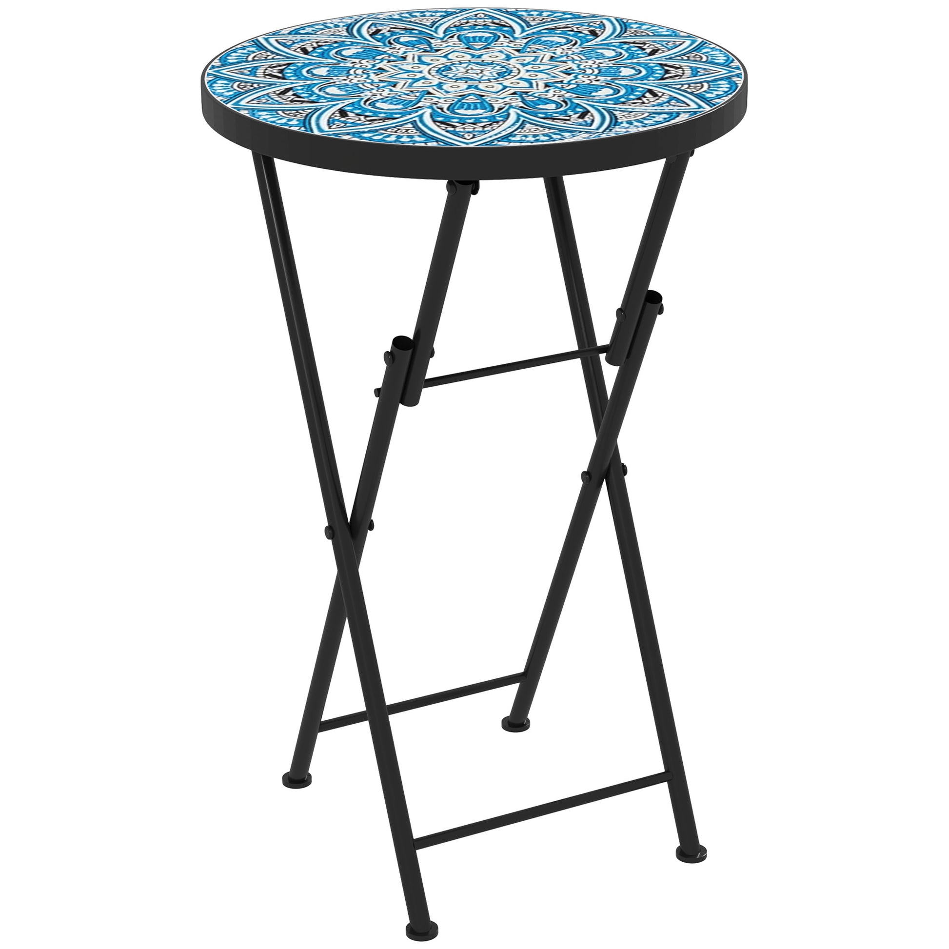Folding Side Table Garden Table with Mosaic Design, Ø35.5 x 55 cm Round Weatherproof Metal Balcony Table, Camping Table Folding Table Coffee Table for Living Room Office Outdoor Indoor, Blue